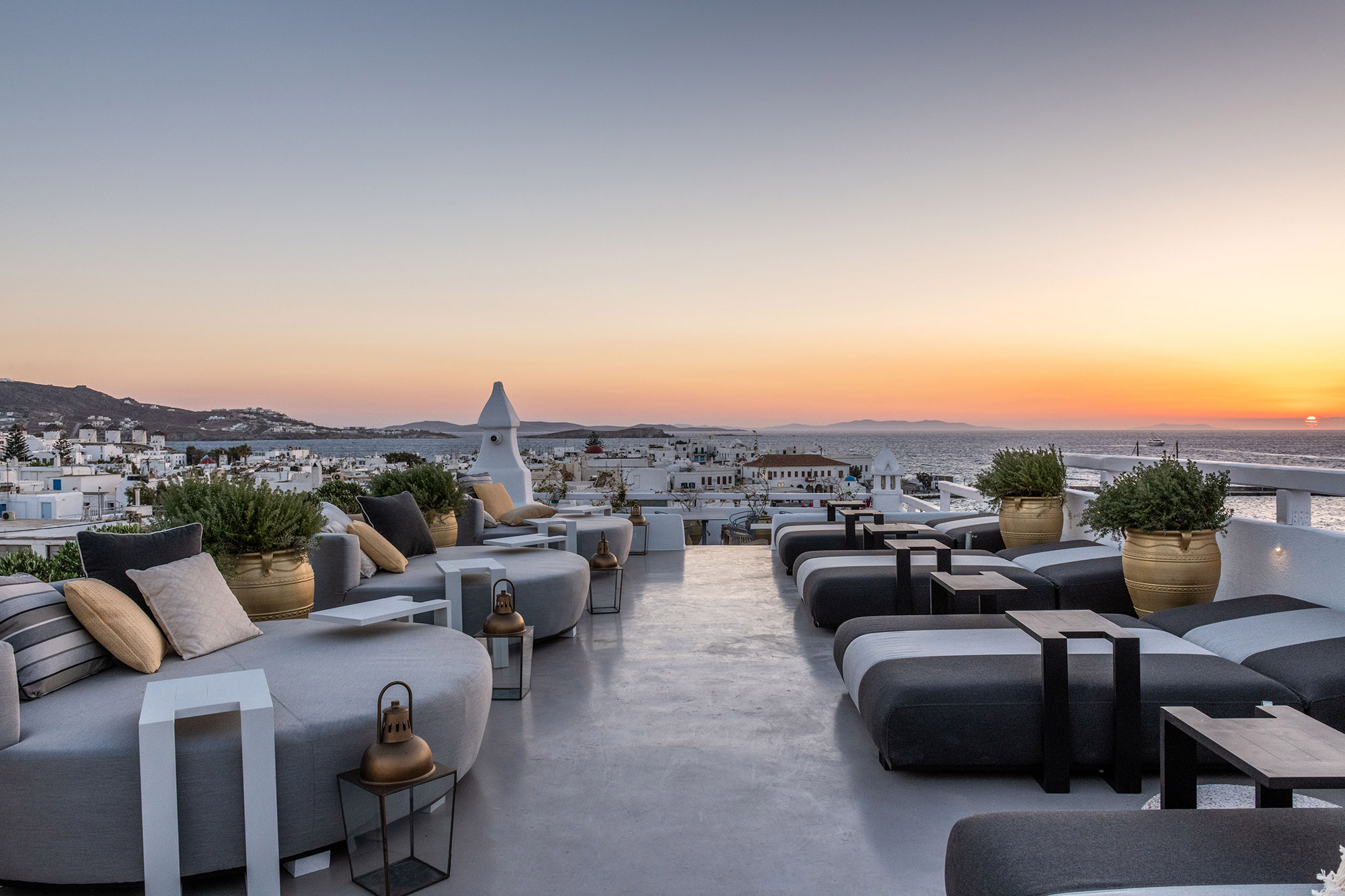 The TownHouse Mykonos Sky Bar & Sun Deck Lounge Area at Sunset